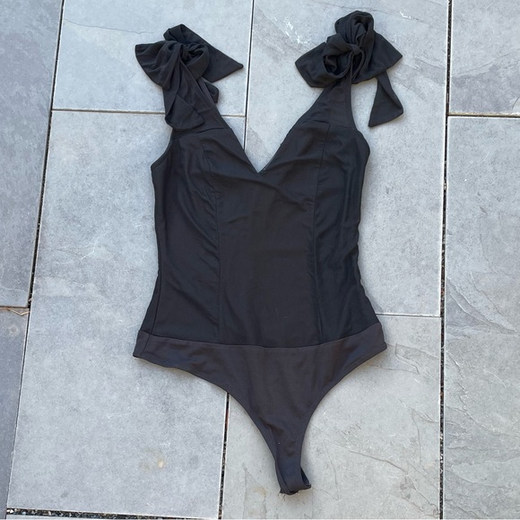 Lulus Tops - Lulus Black V neck Bodysuit Sheer Mesh Straps with Bows Sz M